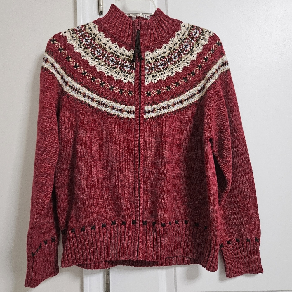 Tiara Red Zip-Up Fair Isle Yoke Cardigan with Cream Accents